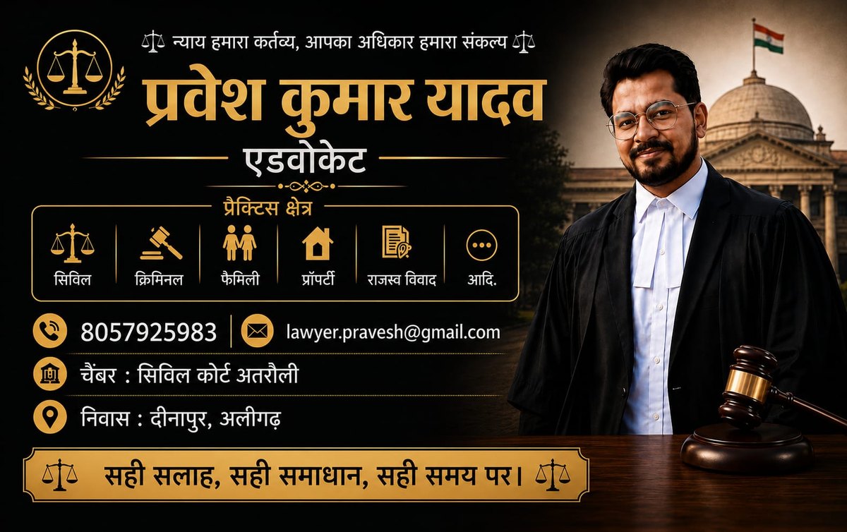Business card of Advocate Pravesh Kumar Yadav listing civil, criminal, family, property and revenue practice areas, phone 8057925983 and chamber at Civil Court Atrauli